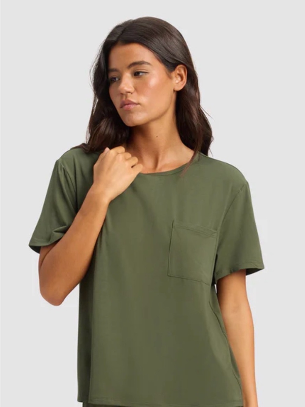 Cozy Earth Bamboo Stretch-Knit Lounge Tee - Olive - M NWOT